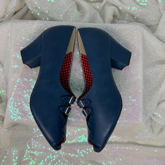 BAIT Footwear Blue Peep Toe Double Buckle Heels Size 10 - Picture 7 of 13